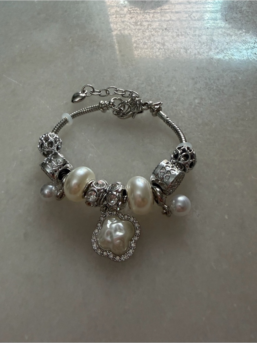 Silver Pearl & Crystal Charm Bracelet - Women's Jewelry